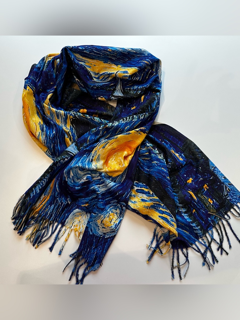 The Commons Starry Night Van Gogh Art Scarf Wrap Blue Yellow Fringe